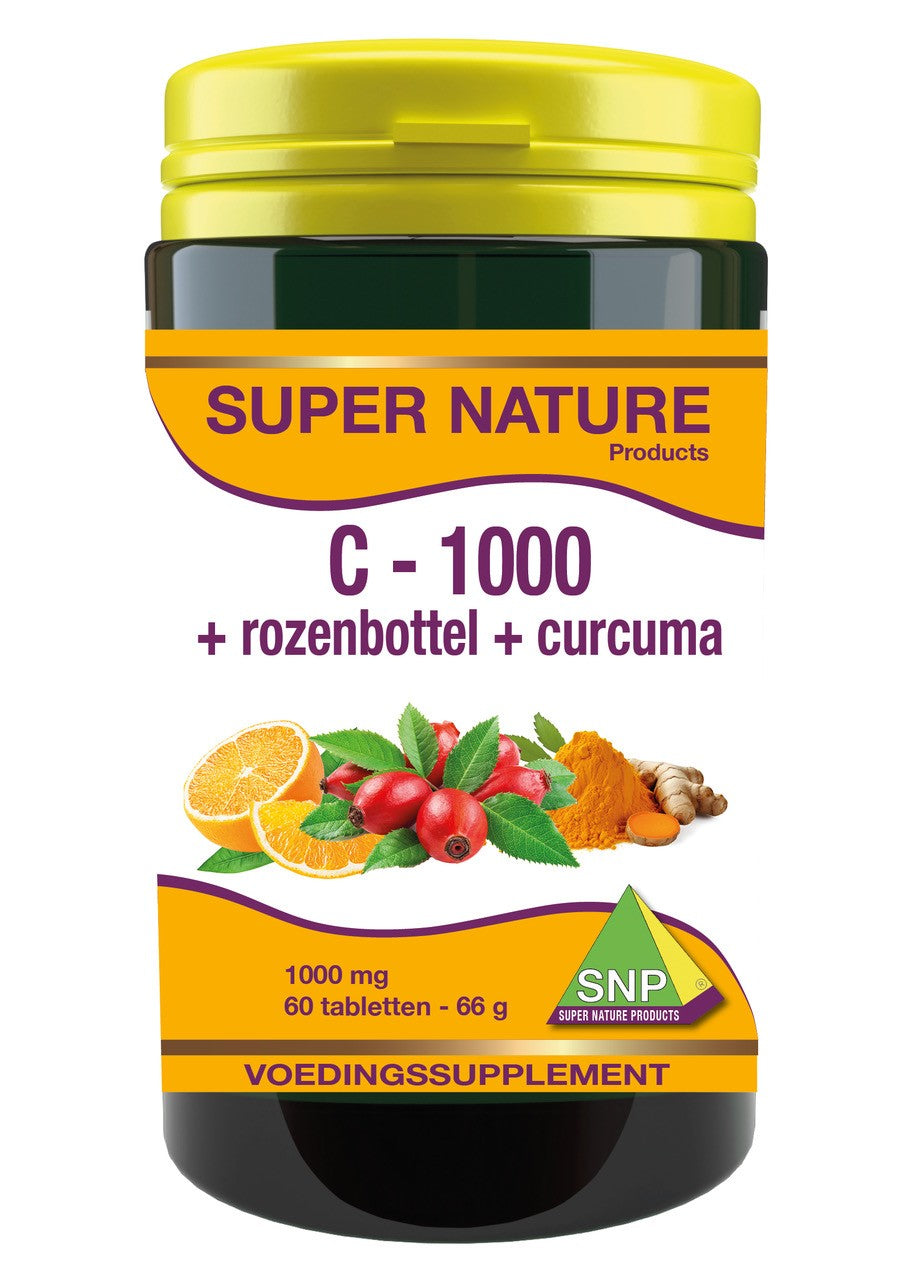 SNP Vitamin C with rosehip and turmeric, 1000mg, 60 tablets, dietary supplement featuring orange-colored tablets.
