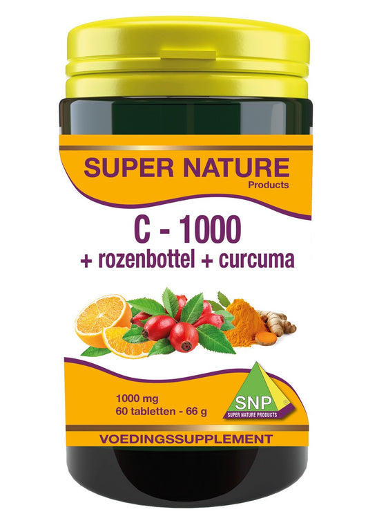 SNP Vitamin C with rosehip and turmeric, 1000mg, 60 tablets, dietary supplement featuring orange-colored tablets.
