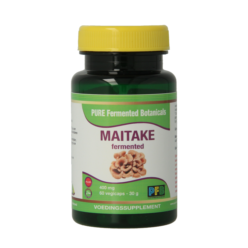 SNP Maitake fermented 400mg puur herbal capsules, vegetarian supplement in a white bottle with label.