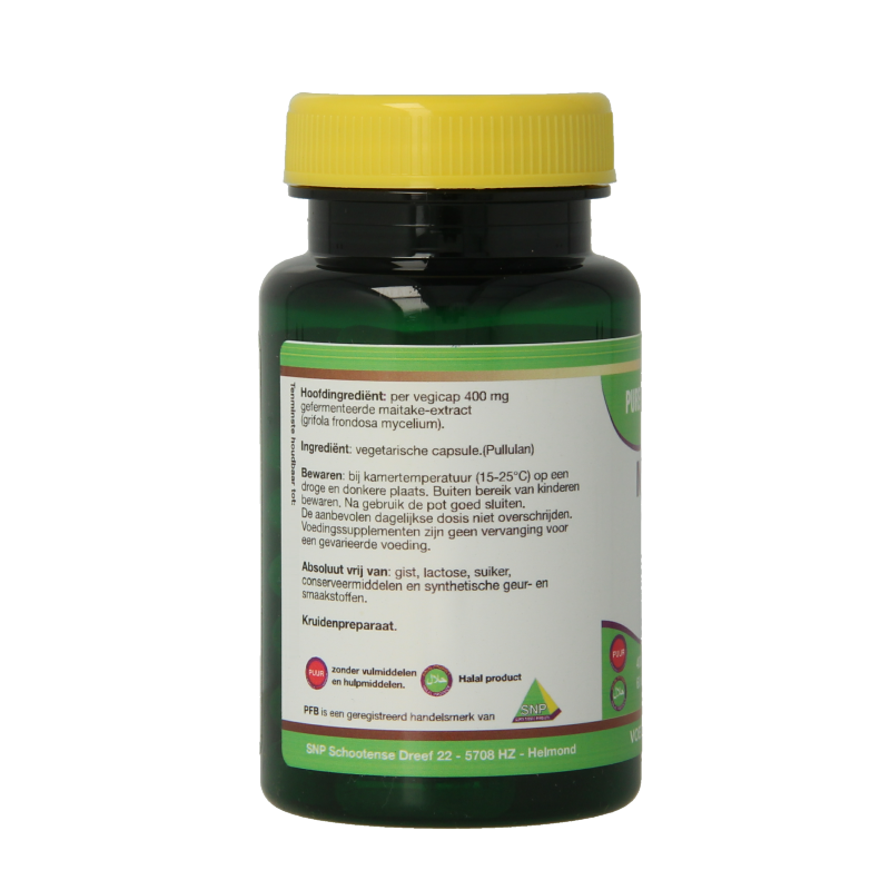SNP Maitake fermented 400mg vegetarische capsules, herbal supplement in a clear bottle with a white cap
