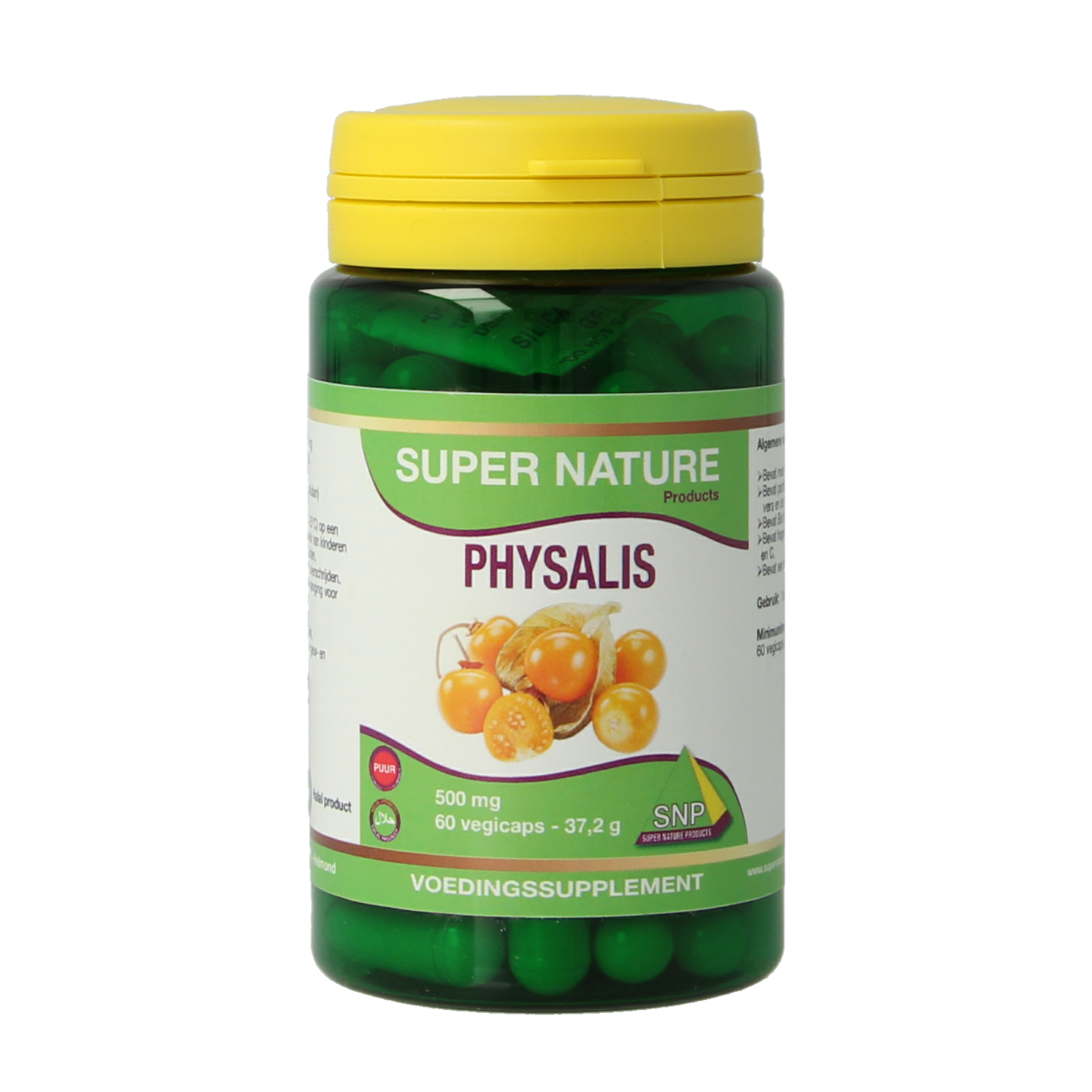 SNP Physalis 500mg herbal capsules in a white bottle, vegetarian supplement for natural wellness.