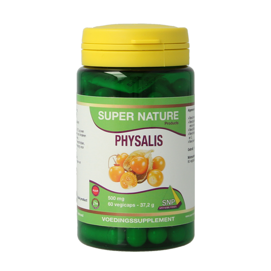 SNP Physalis 500mg herbal capsules in a white bottle, vegetarian supplement for natural wellness.