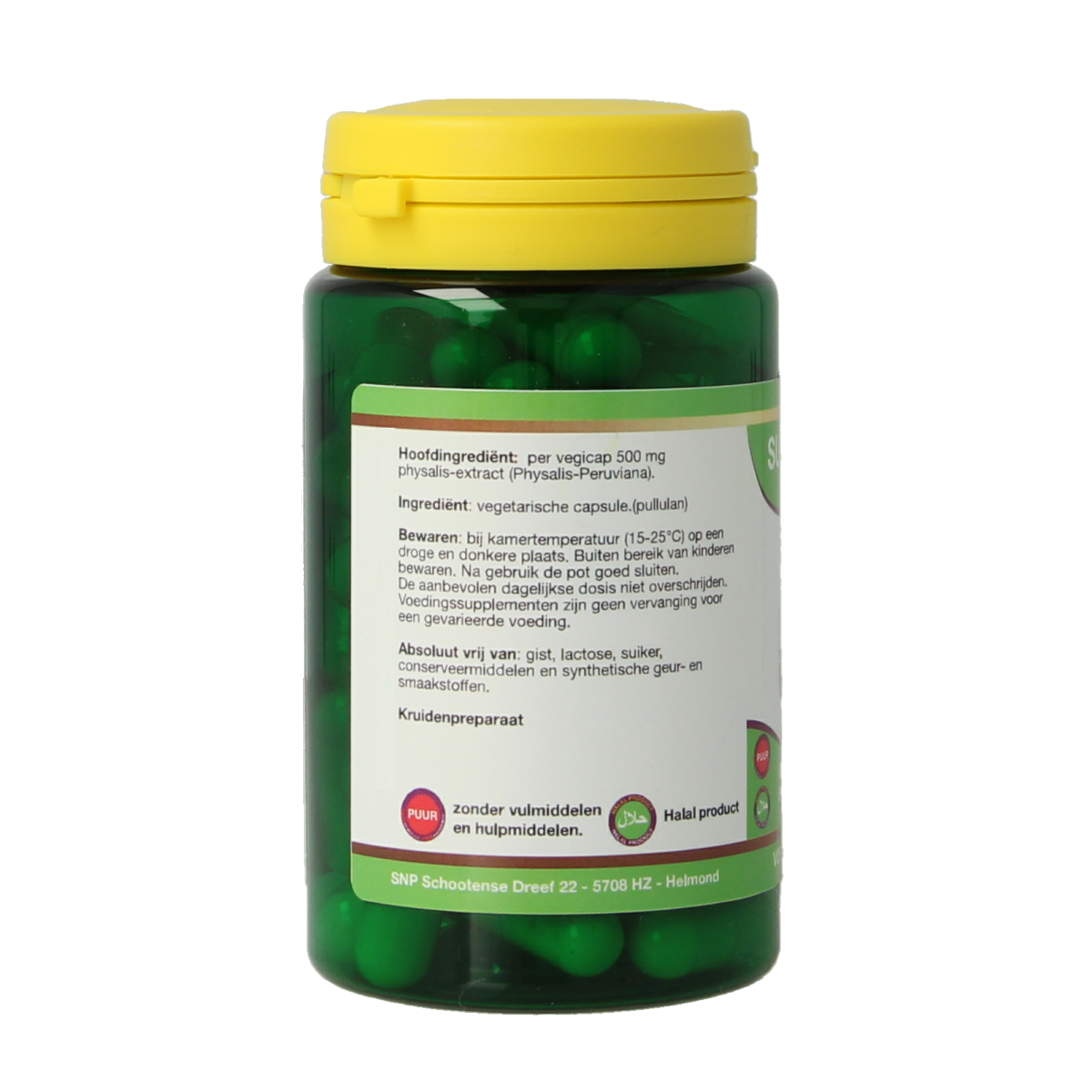 SNP Physalis 500mg herbal capsules in a bottle, vegetarian supplement for wellness, shown in the product image.
