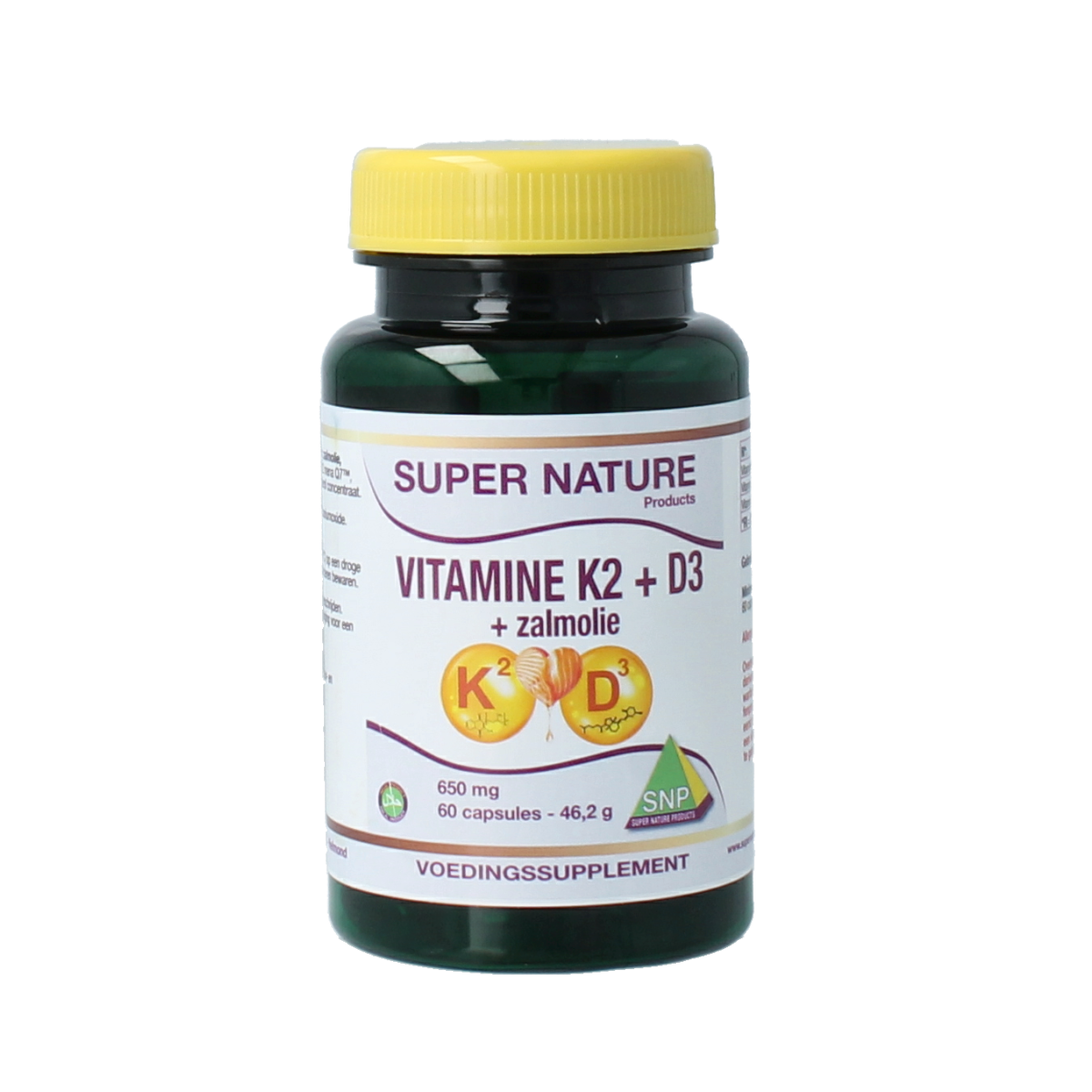 SNP Vitamine K2 D3 zalmolie capsules, supplement for bone and cardiovascular health, with 60 capsules in a bottle