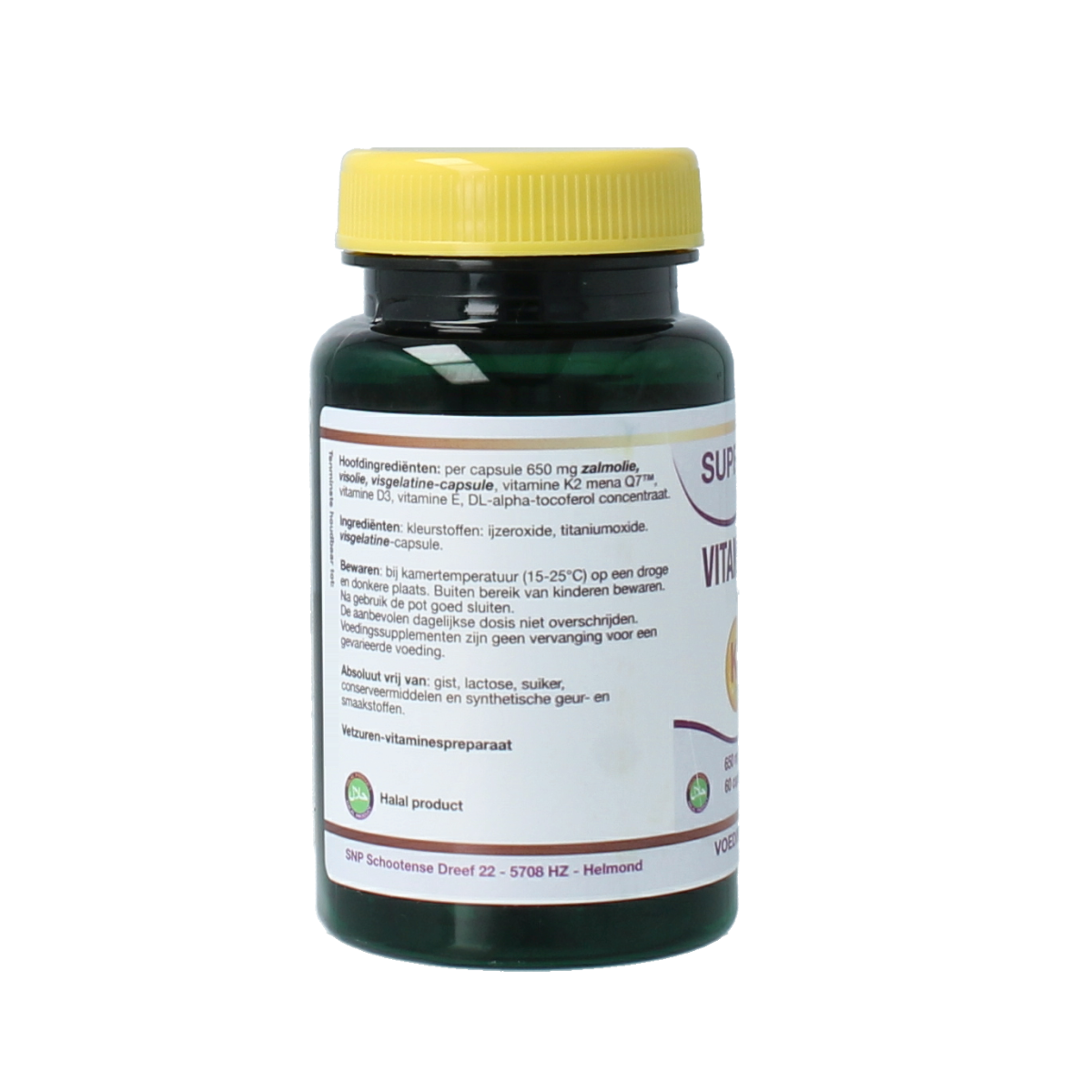 SNP Vitamin K2 D3 salmon oil capsules, a dietary supplement in a white bottle with 60 capsules, natural and healthy.