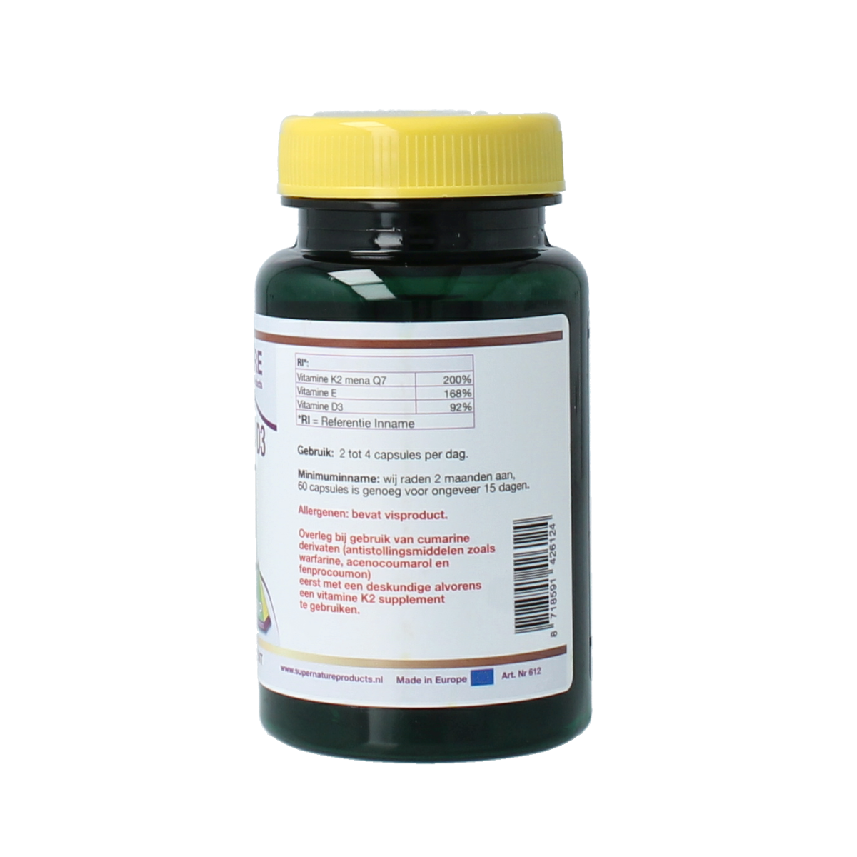 SNP Vitamine K2 D3 zalmolie capsules, dietary supplement for bone and heart health, in a clear bottle with 60 capsules.