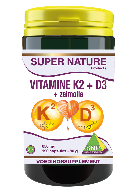 SNP Vitamin K2 D3 salmon oil capsules, multi-vitamin supplement, with 120 capsules in a clear bottle.