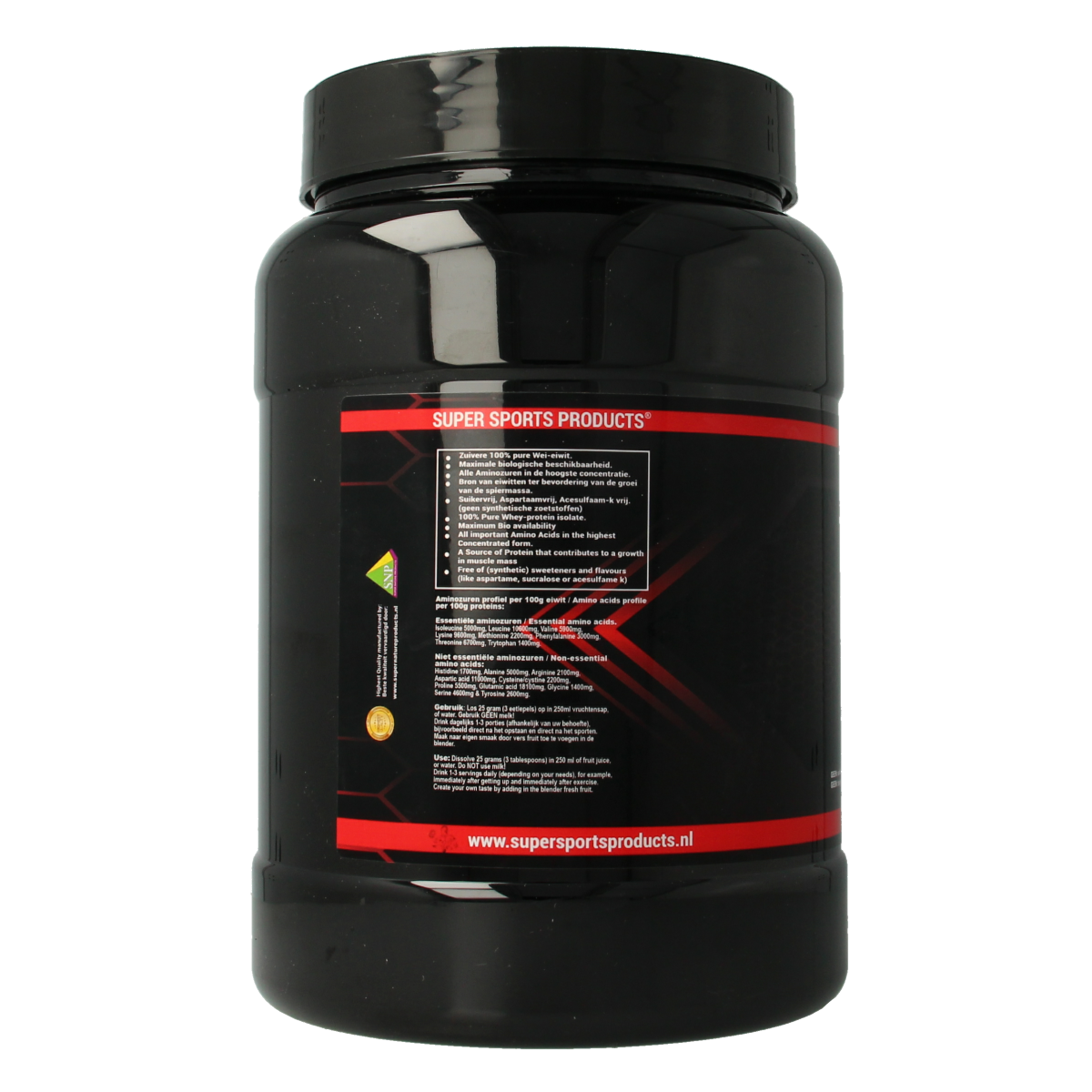 SNP Whey Proteine 100% puur in 1250g container, natural protein powder, shown in a clear jar with label and scoop.