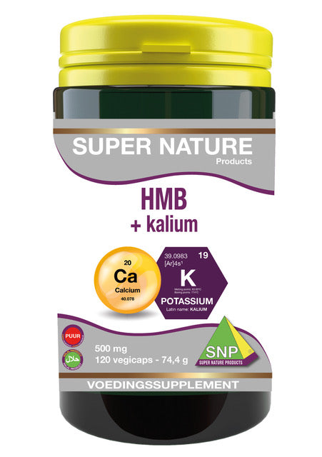 SNP HMB+ kalium 500mg vegetarische capsules in a bottle, dietary mineral supplement from SNP for muscle support and hydration.