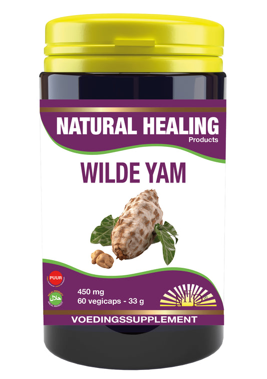 NHP Wilde yam 450mg herbal capsules in a bottle, vegetarian supplement for natural wellness, shown with label and capsules.