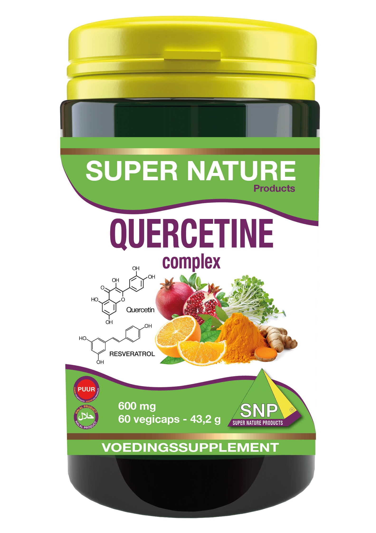 SNP Quercetine complex 600mg vegetarian capsules, herbal supplement in a clear bottle with white cap, labeled packaging.
