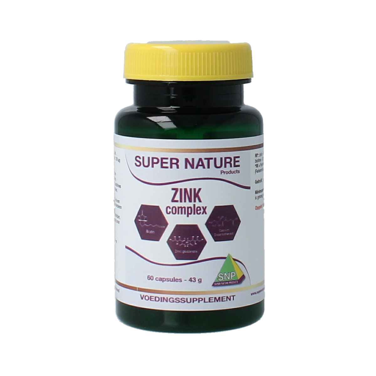 SNP Zinc Complex bottle containing 60 mineral capsules, featuring a white label with blue and green accents and supplement details.