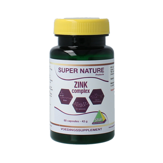 SNP Zinc Complex bottle containing 60 mineral capsules, featuring a white label with blue and green accents and supplement details.