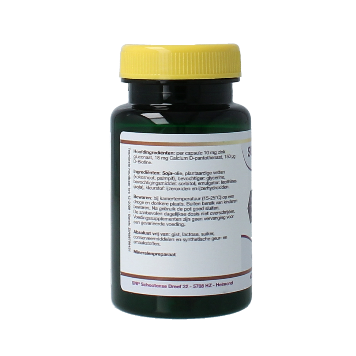 SNP Zink Complex mineral supplement capsules in a bottle, dietary zinc and mineral formula for daily health support.