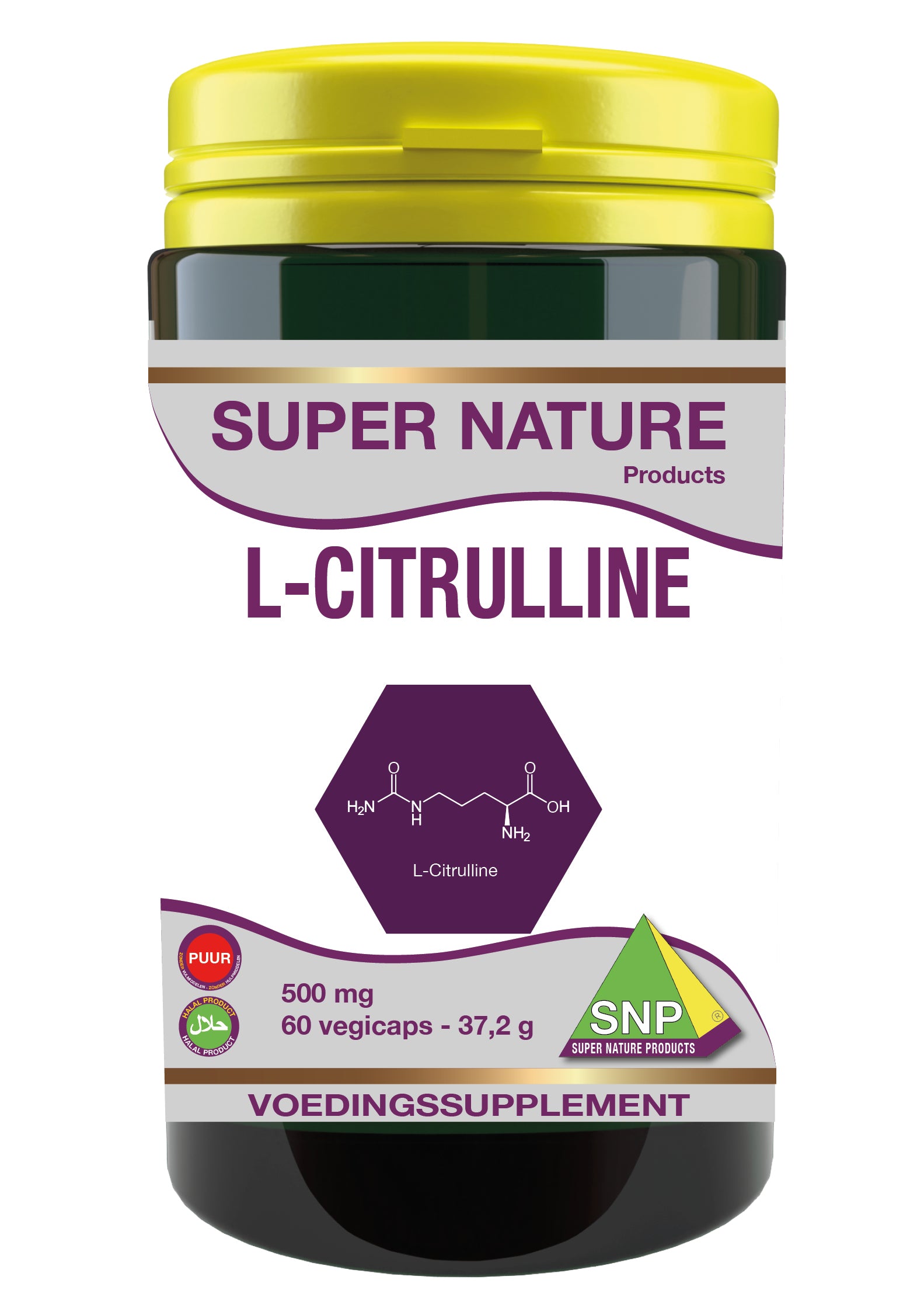 SNP L-Citrulline 500mg pure amino acid capsules, 60-count, shown in a container with capsules visible inside.