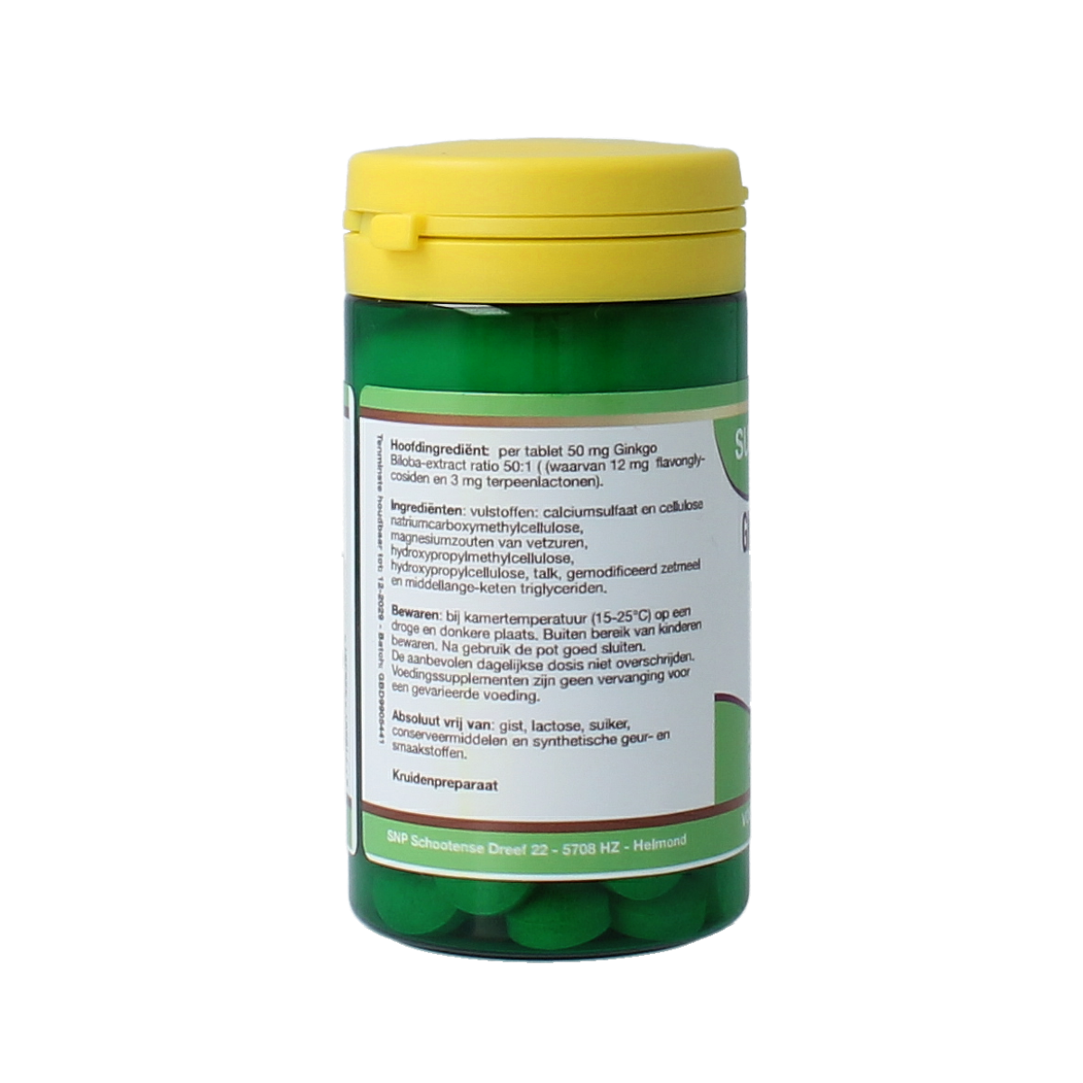 SNP Ginkgo Biloba 2500mg herbal supplement in a bottle with 100 tablets, used for cognitive support and mental clarity