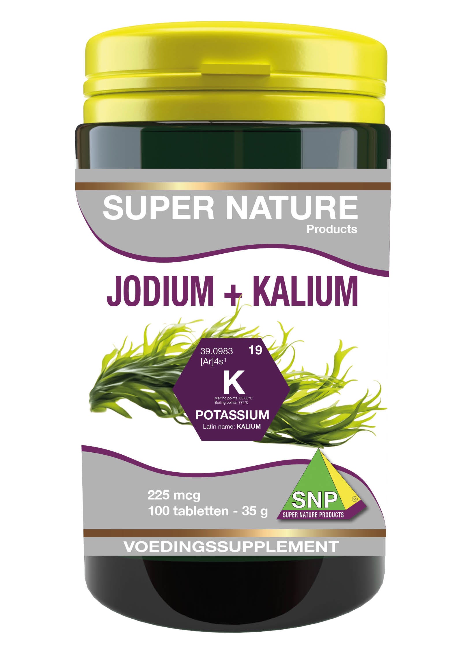 SNP Jodium 225 mcg and kalium mineral tablets in a blister pack, dietary supplement with essential minerals for health.