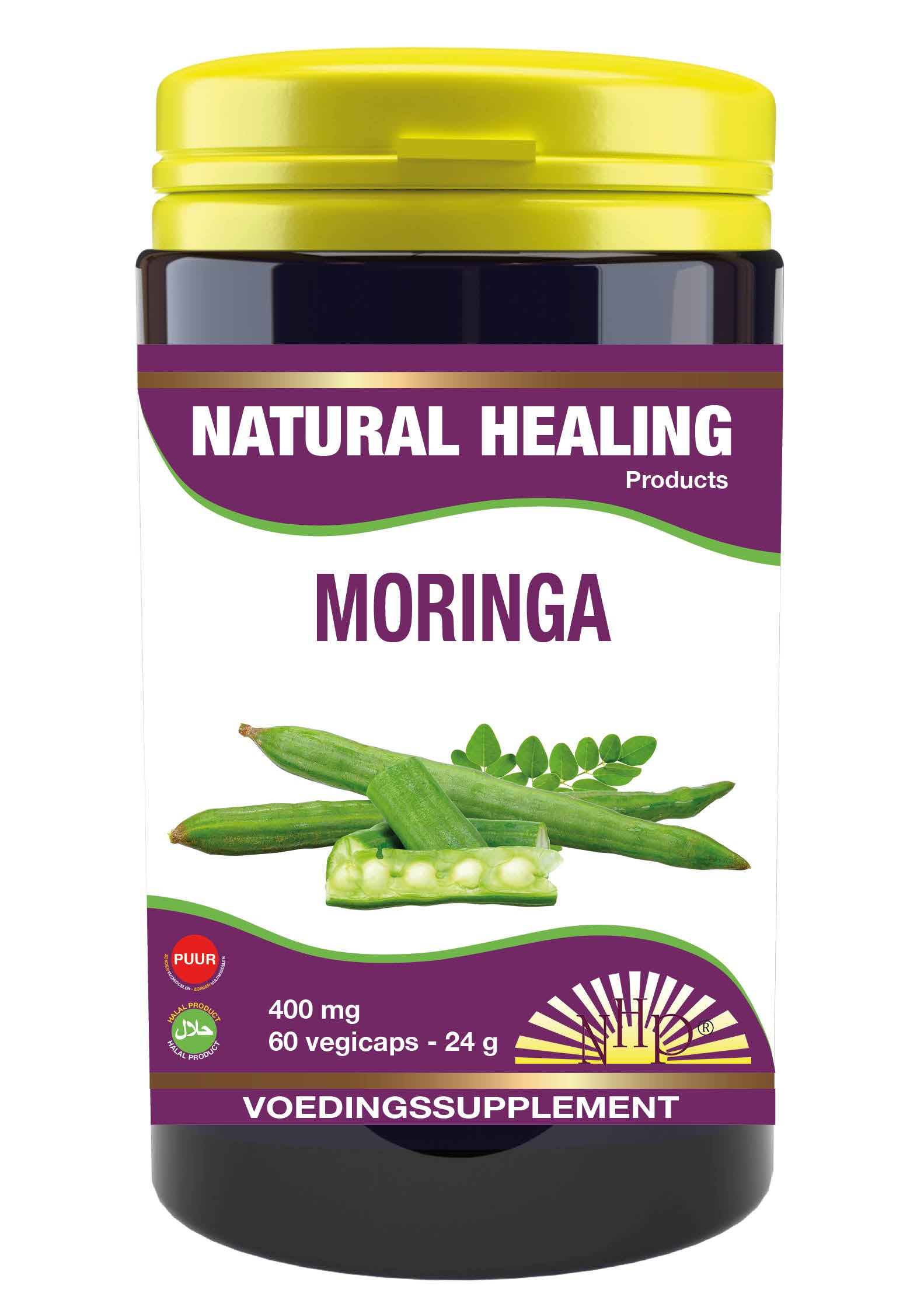 NHP Moringa 400mg vegetarian capsules in a jar, herbal supplement, natural plant-based kruidenpreparaten, 60 capsules