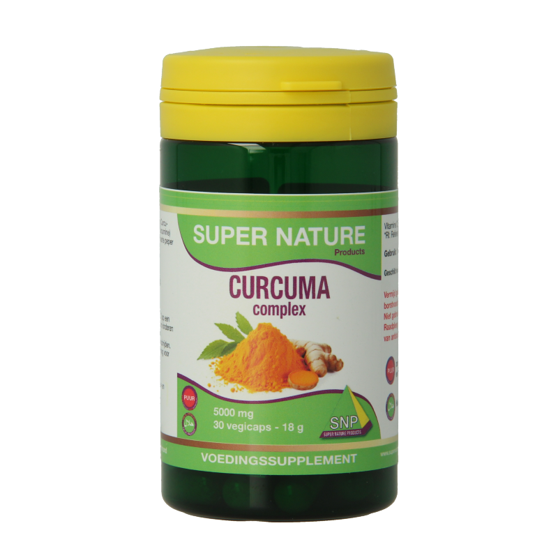 SNP Curcuma Complex 5000mg vegetarian capsules, herbal supplement in a bottle, with turmeric root and capsules visible.