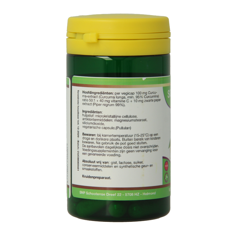 SNP Curcuma Complex 5000mg herbal capsules in a bottle, dietary supplement for joint and immune support.