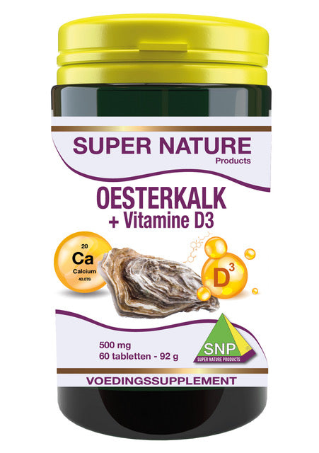SNP Oesterkalk Vitamin D3 mineral supplement in a bottle of 60 tablets, showing the packaging and tablets inside.