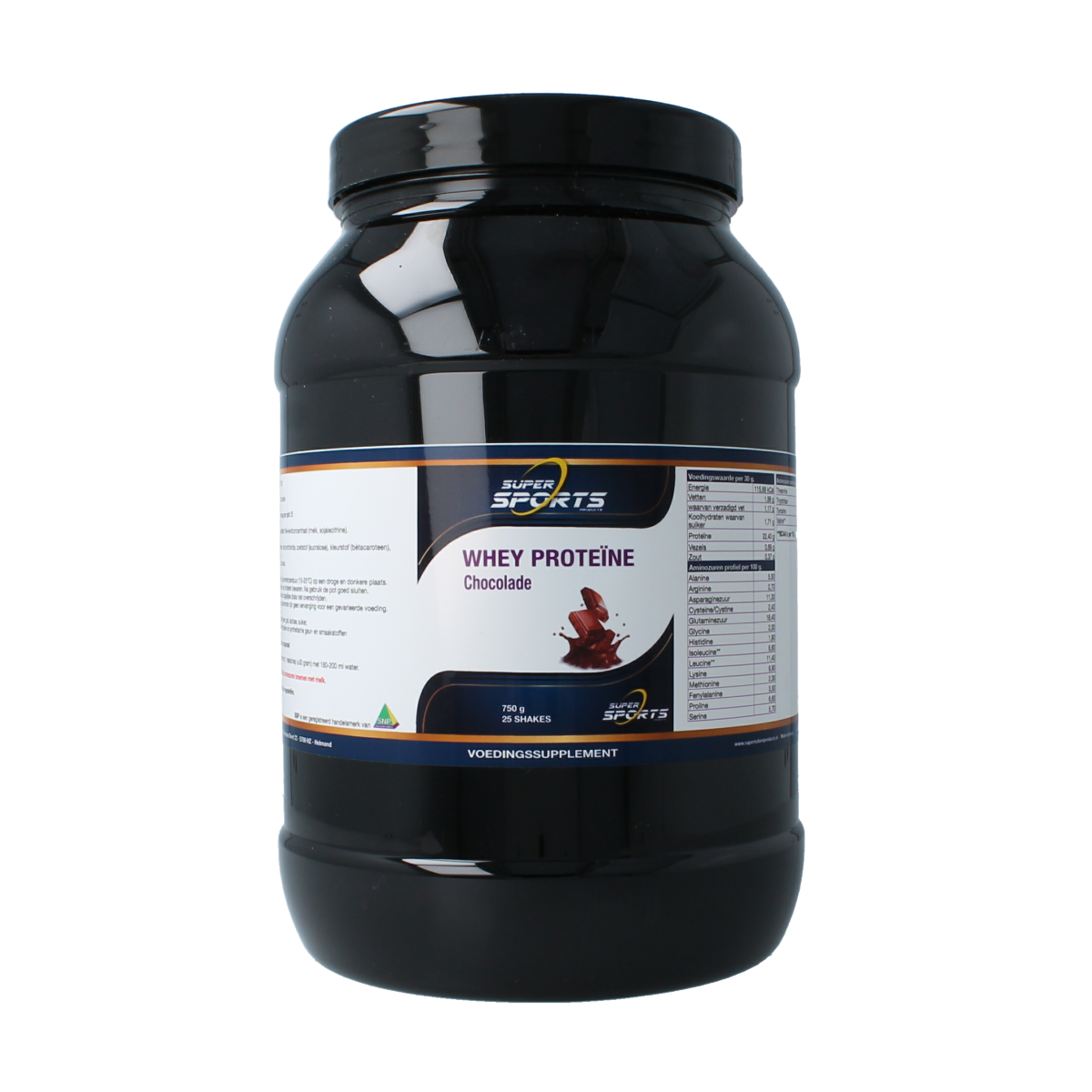 Nutritex Whey Protein Chocolate 750g container showing the label and product packaging for amino acids supplement.