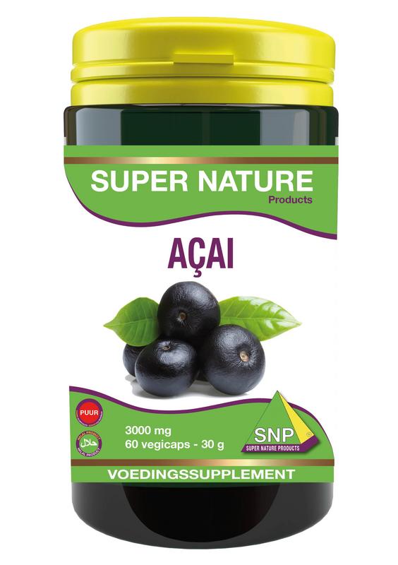 SNP Acai 3000 mg vegetarian capsules, herbal supplement in a blister pack, with blue and white packaging featuring acai berries.