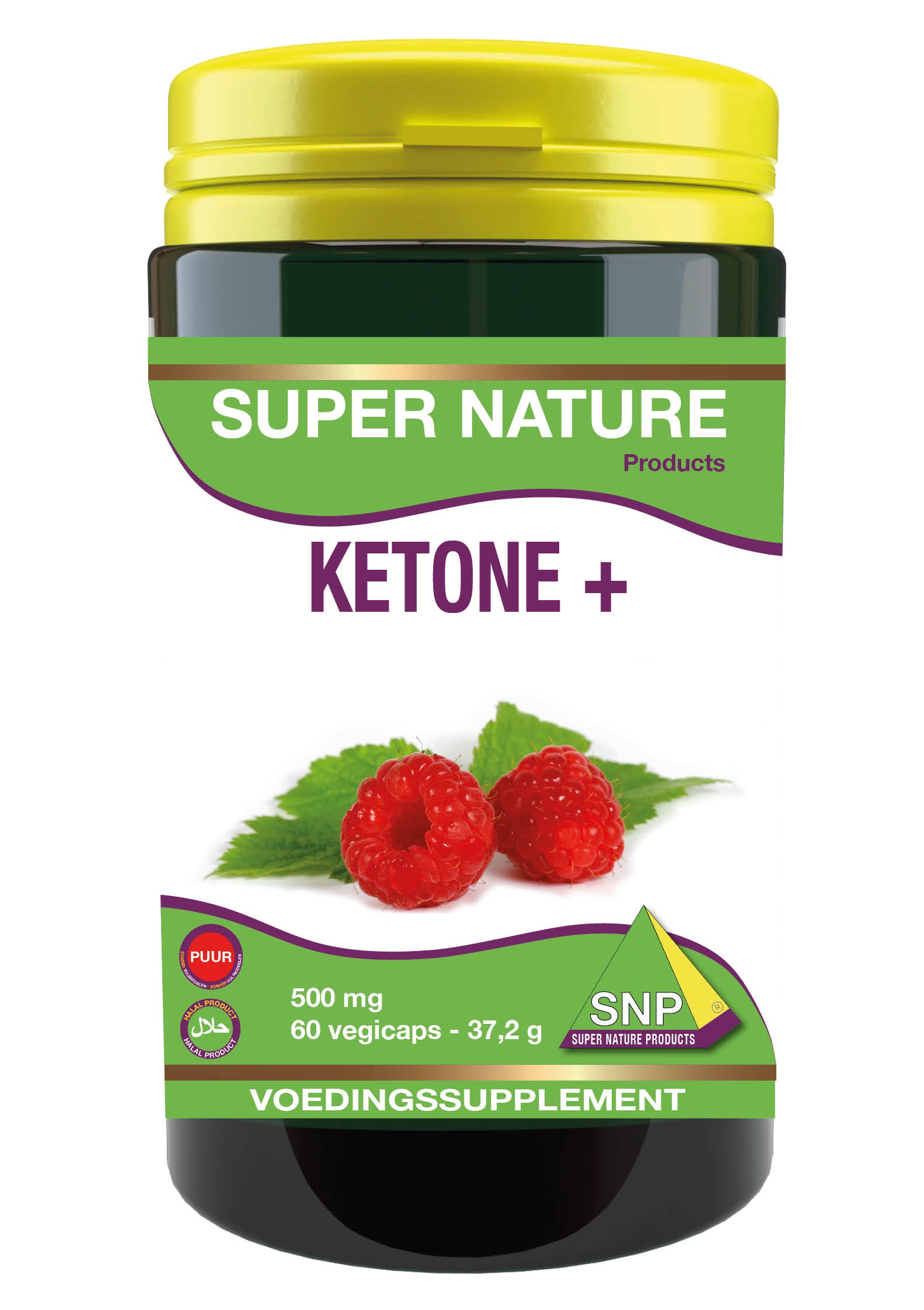 Vegetarische capsules van SNP Ketone + 500mg puur, kruidenpreparaat in pot, lichte kleuren en label zichtbaar
