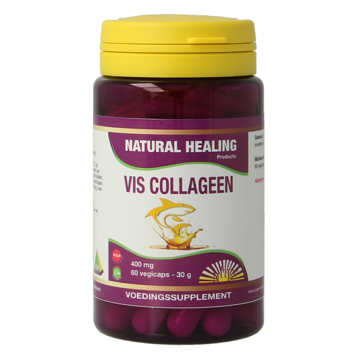 NHP Vis collageen 400mg vegetarische capsules, dietary supplement in green bottle, showcasing the product label and capsules inside.