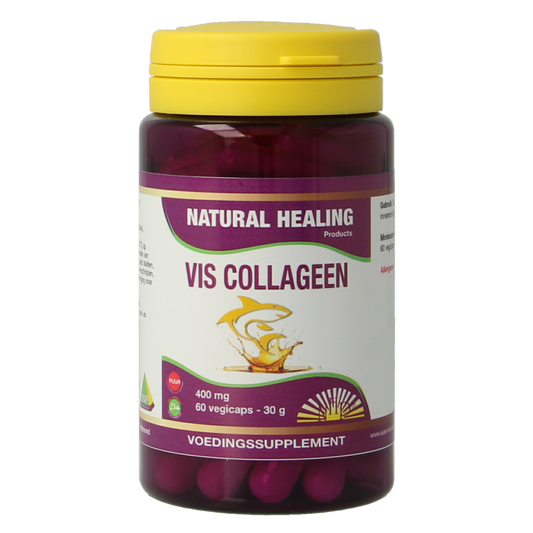 NHP Vis collageen 400mg vegetarische capsules, dietary supplement in green bottle, showcasing the product label and capsules inside.