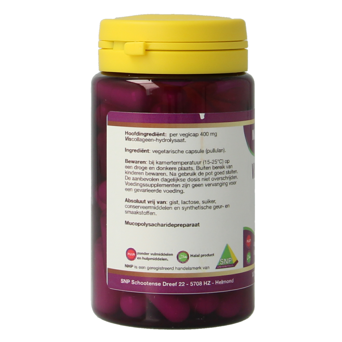NHP Vis collageen 400mg vegetarische capsules, supplement with omega fatty acids, shown in a clear bottle with capsules.