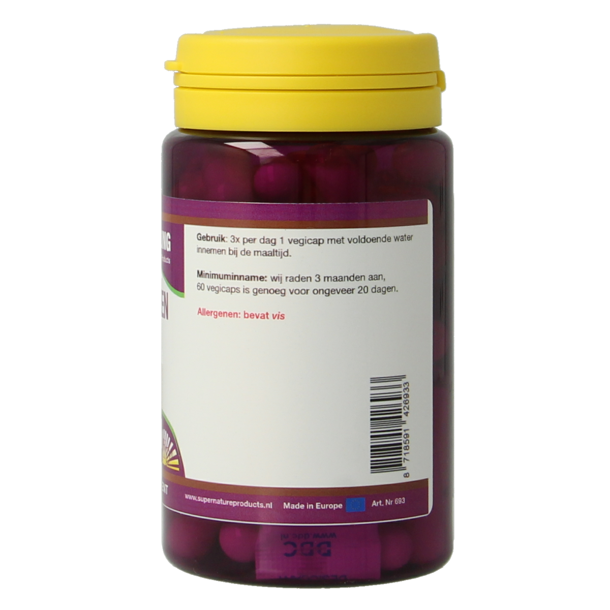 NHP Vis Collageen 400mg vegetarische capsules, close-up of the supplement bottle with capsules inside.