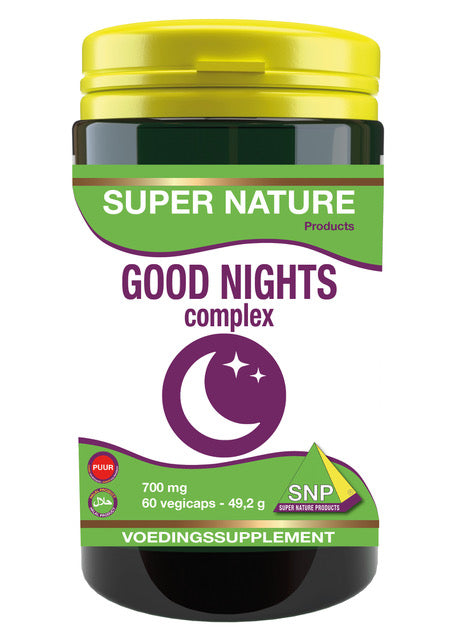 SNP Good night Vegicaps vegetarian herbal capsules in a bottle, designed for relaxing and supporting sleep.