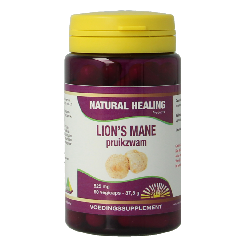 NHP Lions Mane herbal capsules in a bottle, vegetarian dietary supplement for brain health and cognitive support.