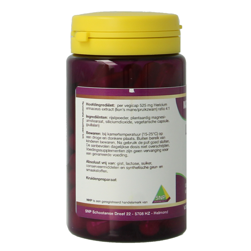 NHP Lions Mane herbal capsules in a bottle, vegetarian supplement with 60 capsules for cognitive support.