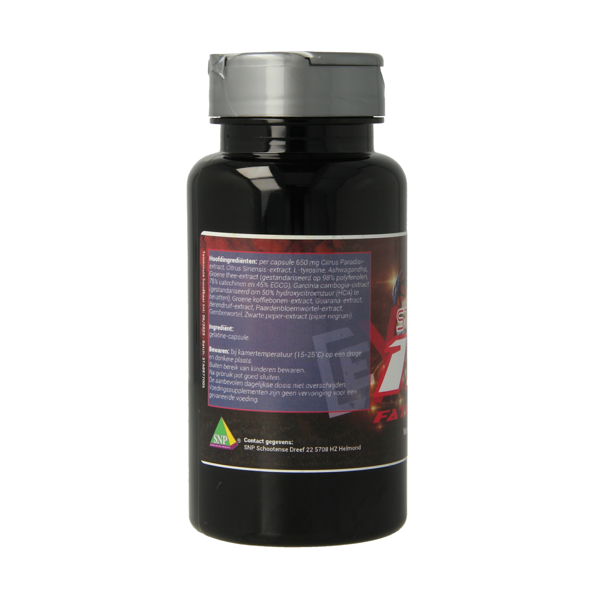 SNP Stacker 10 Fatburner Puur capsules, herbal supplement for weight management, in a clear bottle with capsules visible.