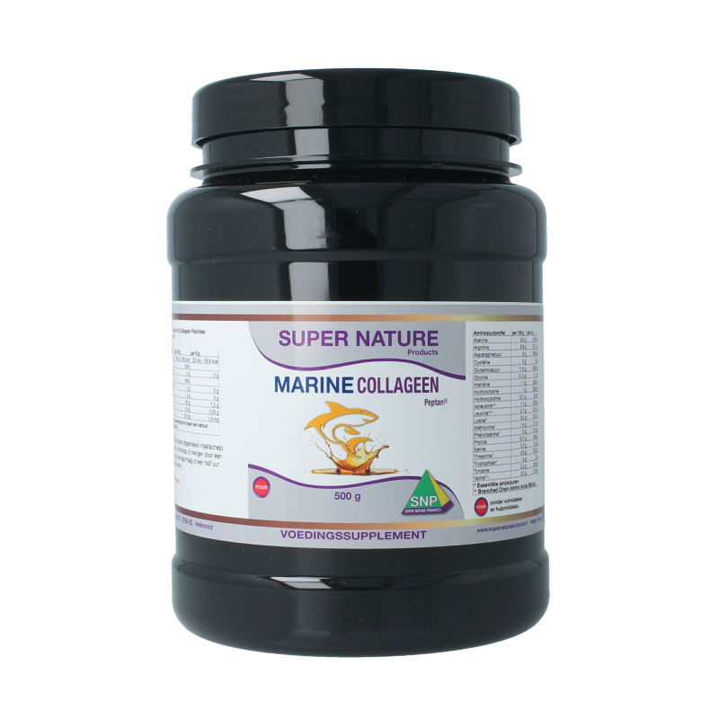 SNP Marine Collagen Peptan Puur 500g container, showing the product packaging with the SNP brand label.