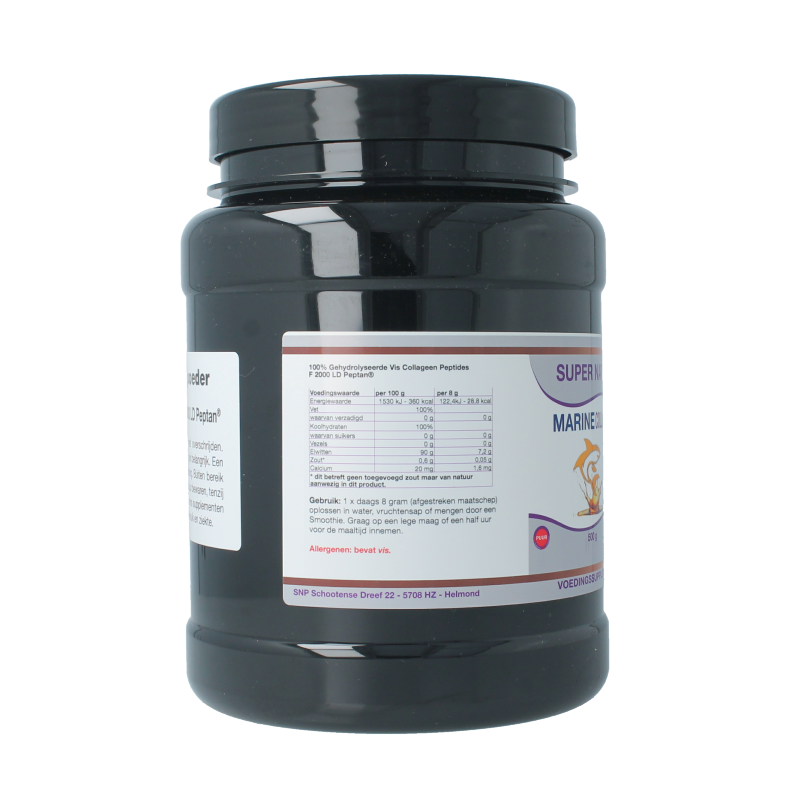 SNP Marine Collagen Peptan Puur 500g container, showing the product packaging with label and branding.