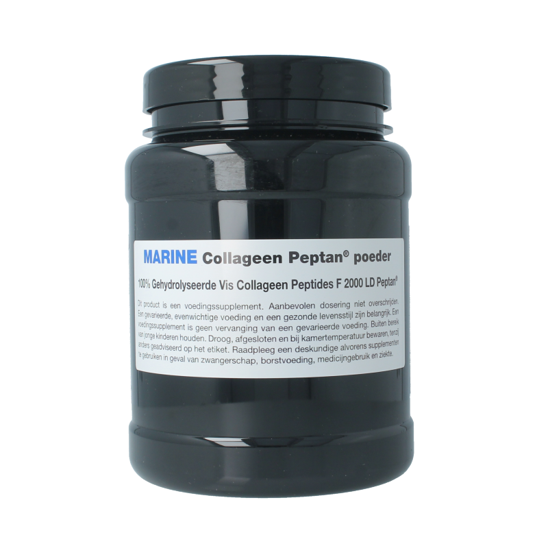 SNP Marine Collagen Peptan Puur 500g jar showing the product label and packaging with a clear view of the collagen supplement container.