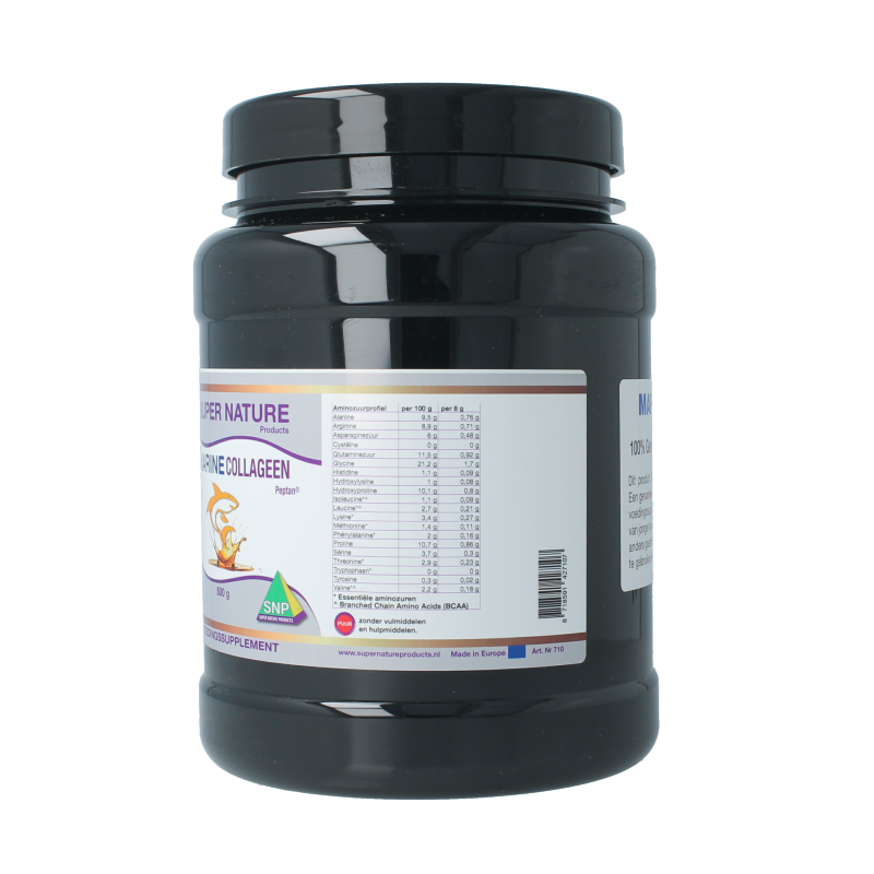 SNP Marine Collagen Peptan Puur 500g container showing the label and product packaging.