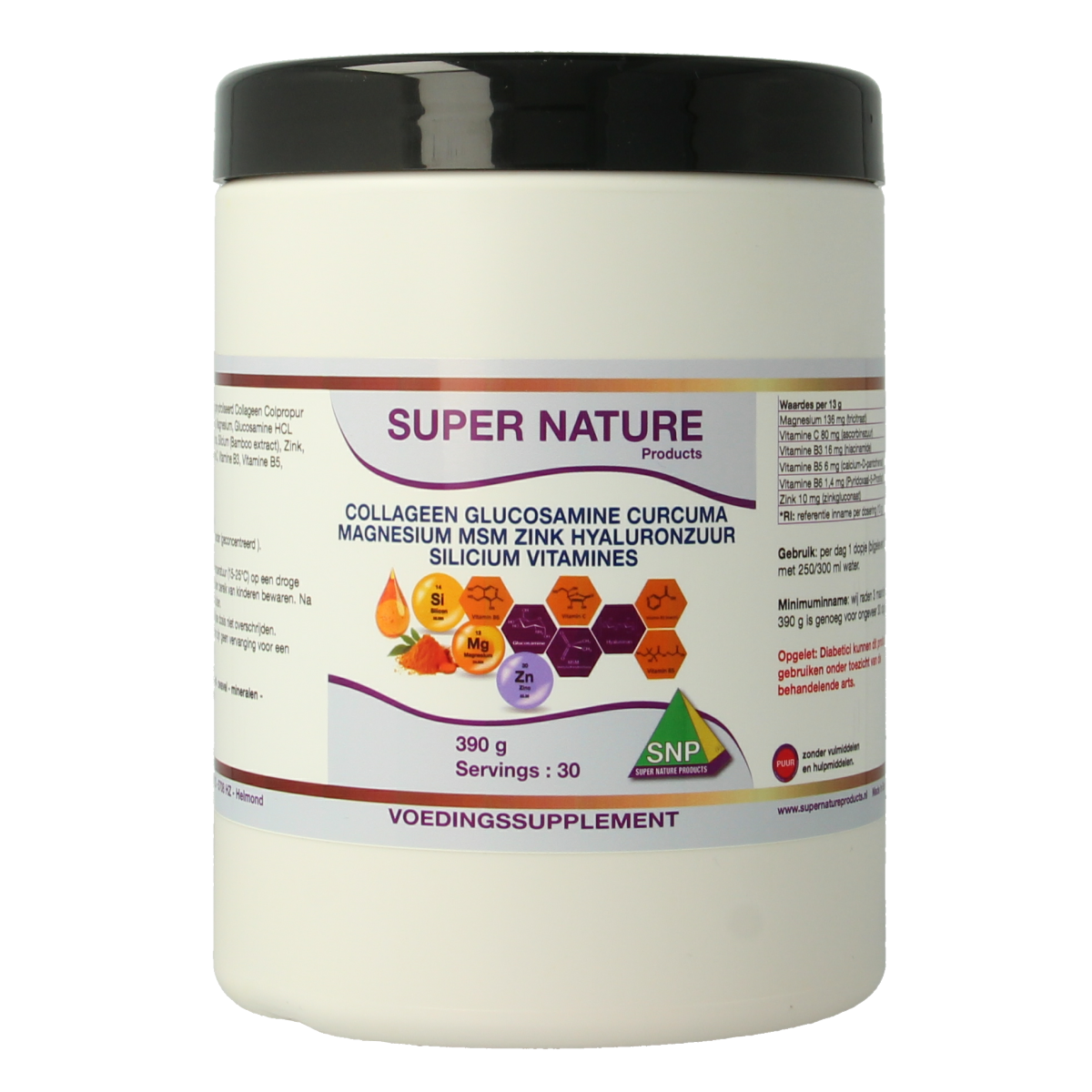 SNP Collageen Glucosamine Curcuma Magnesium MSM mineral supplement in 390g container with tablets and supplement label.