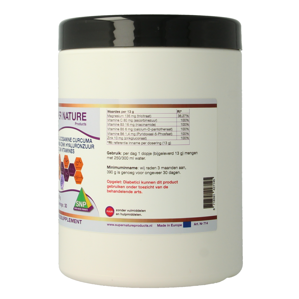 SNP Collagen Glucosamine Curcuma Magnesium MSM mineral supplement in a 390g container, with capsules and supplement packaging.