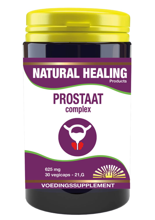NHP Prostaat Complex vegetarian capsules, herbal supplement for prostate health, shown in a clear bottle with capsules inside.