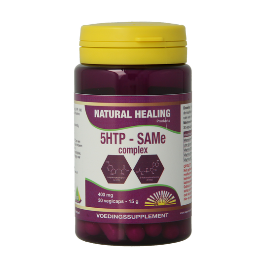 NHP 5-HTP SAME complex vegetarian capsules, amino acids supplement for mood and relaxation, shown in a bottle.