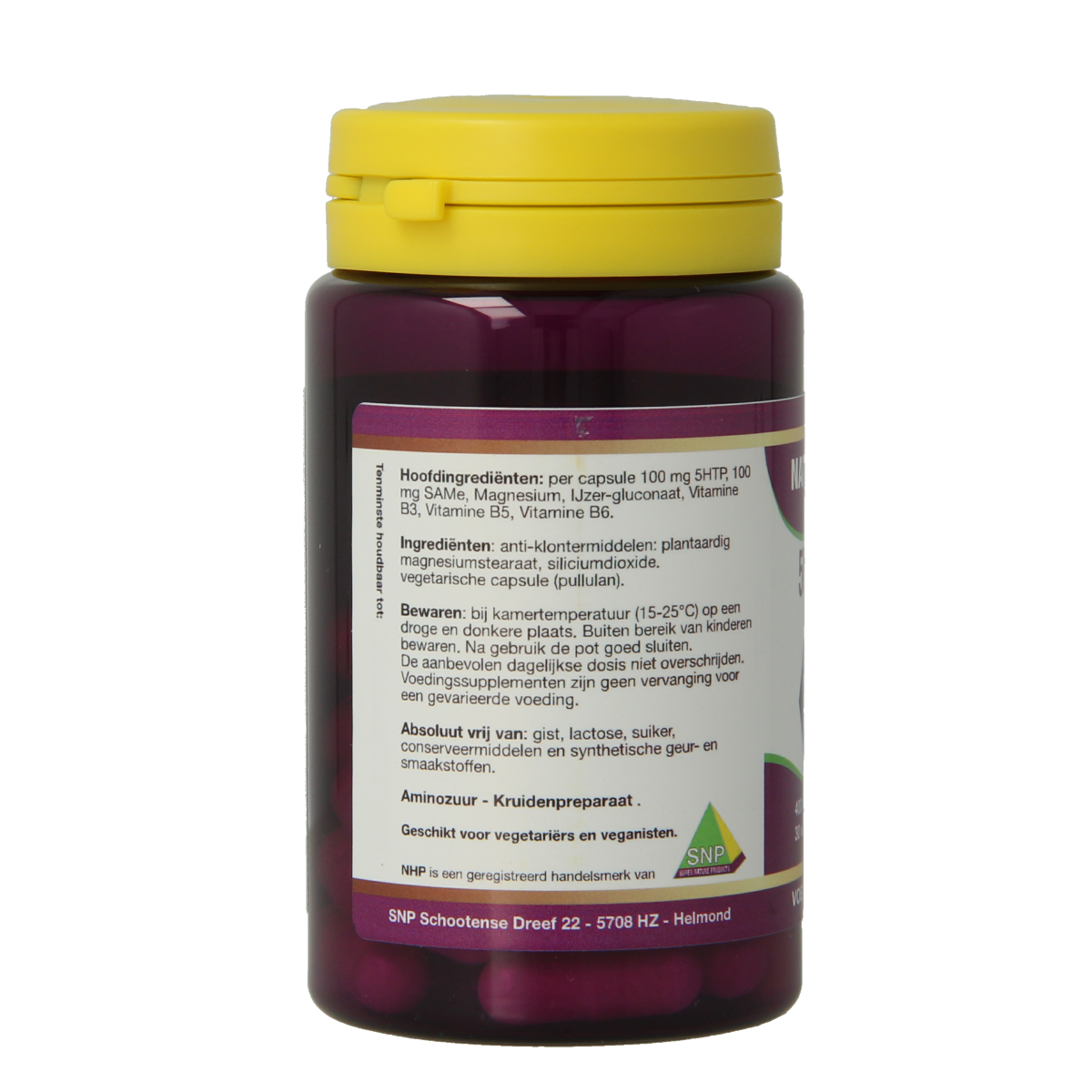 NHP 5-HTP SAME complex vegetarian capsules, amino acids supplement in clear bottle with label showing product details.