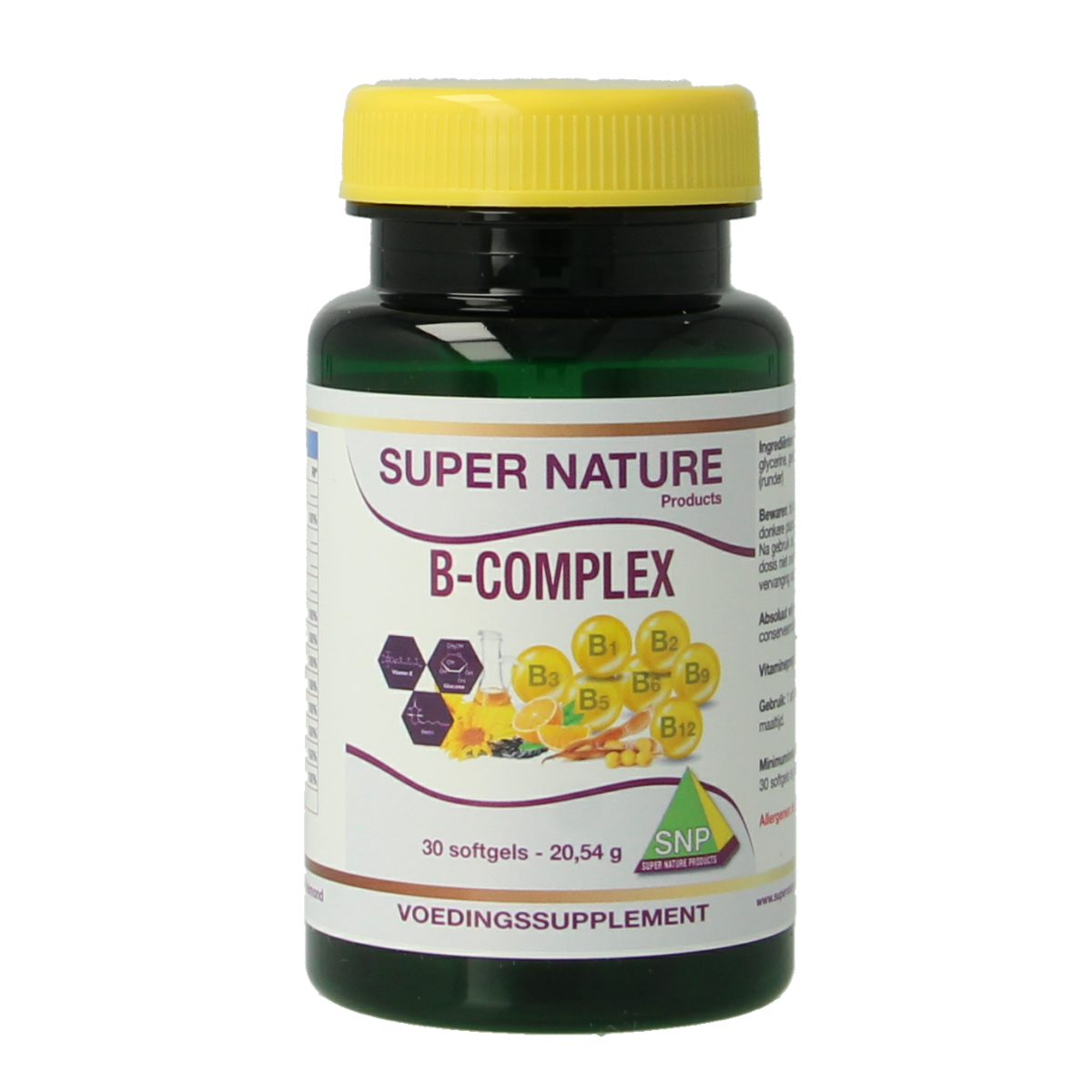 SNP B Complex softgels, multivitamin supplement with B vitamins in a bottle, health and wellness product.