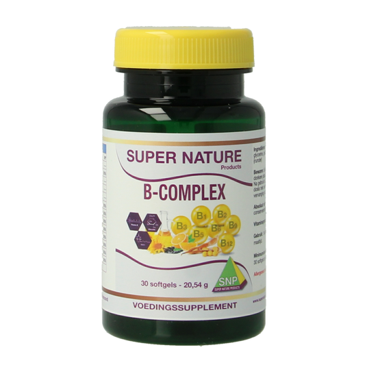 SNP B Complex softgels, multivitamin supplement with B vitamins in a bottle, health and wellness product.