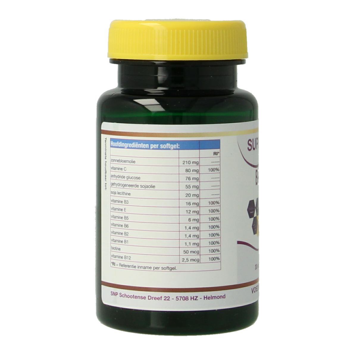 SNP B Complex softgels bottle, vitamin B supplement, multi-vitamin product, dietary supplement packaging, 30 softgels