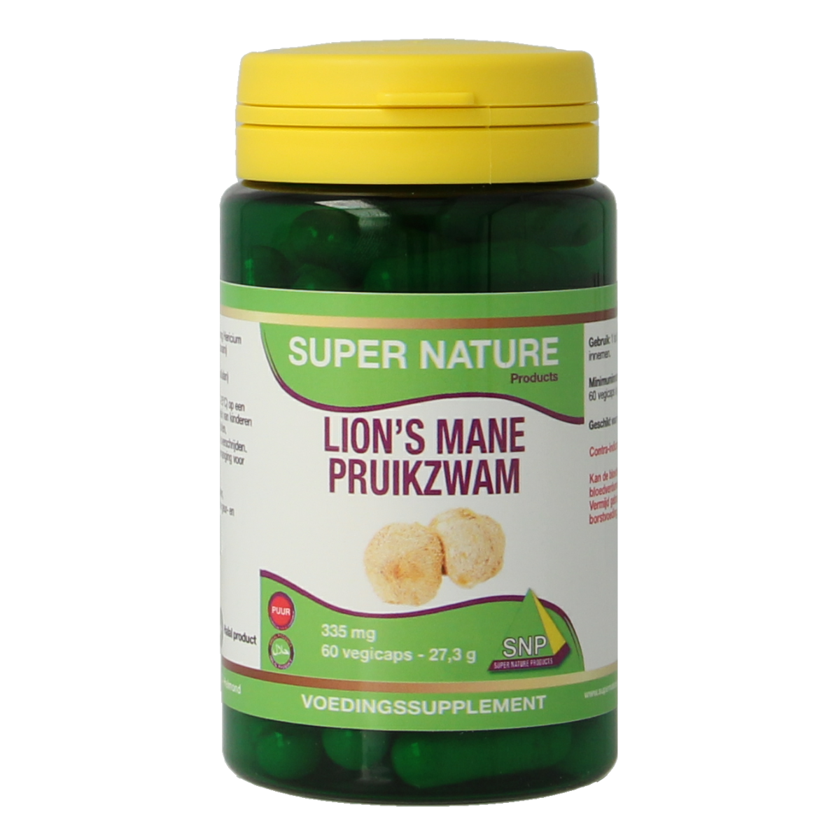 SNP Lions Mane vegetarian capsules in a bottle, herbal supplement for cognitive support, natural herbal product.