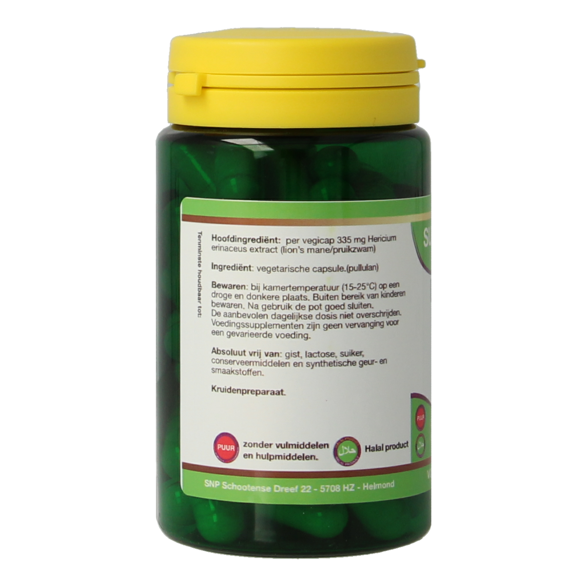 SNP Lions Mane herbal capsules in a white bottle, dietary supplement for cognitive health, vegetarian herbal product.